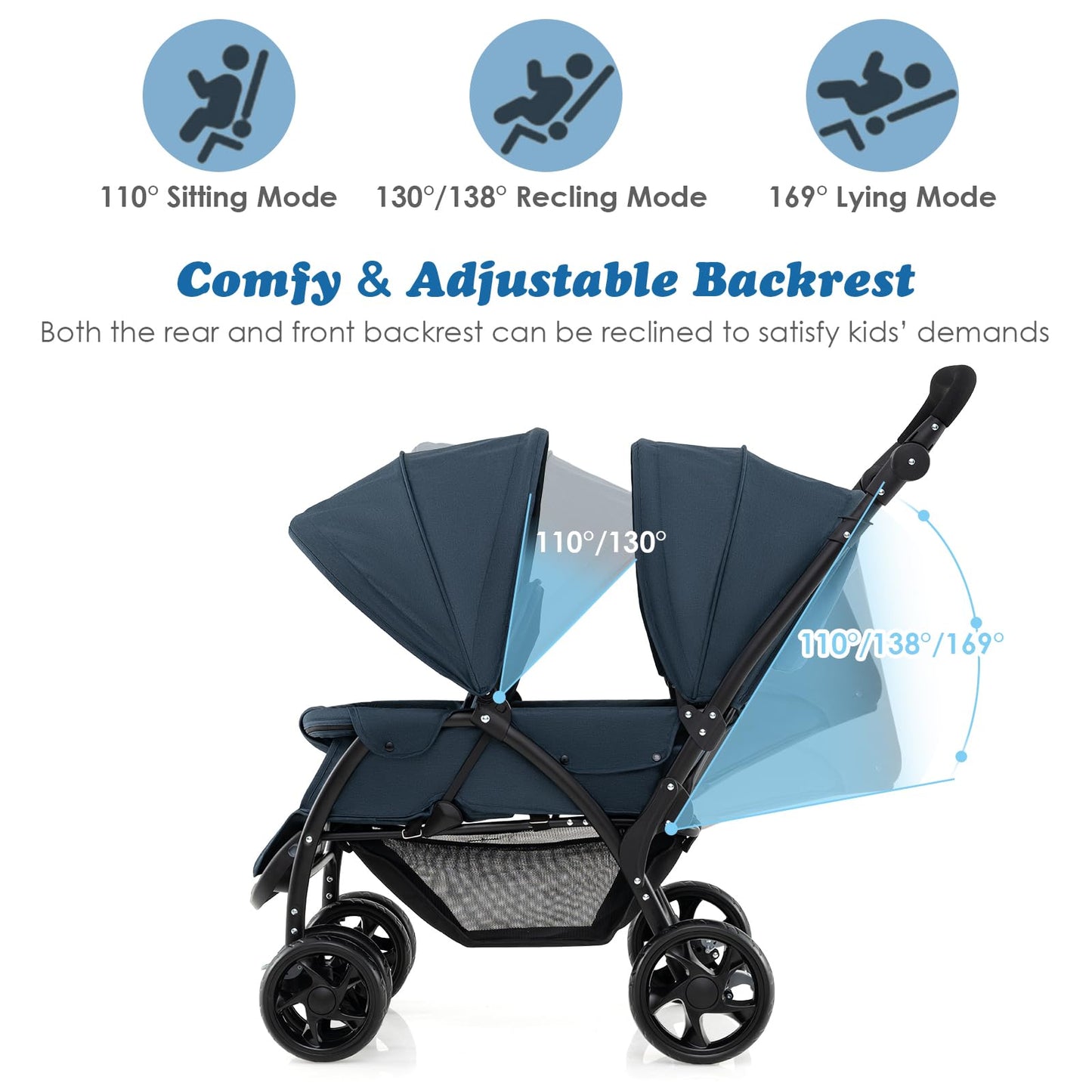 Maxmass Double Seat Baby Stroller, Folding Infant Pushchair with Adjustable Handlebar & Backrest, Storage Basket & Detachable Canopy, Travel Toddler Buggy for Shopping, Hanging Out (Navy Blue)