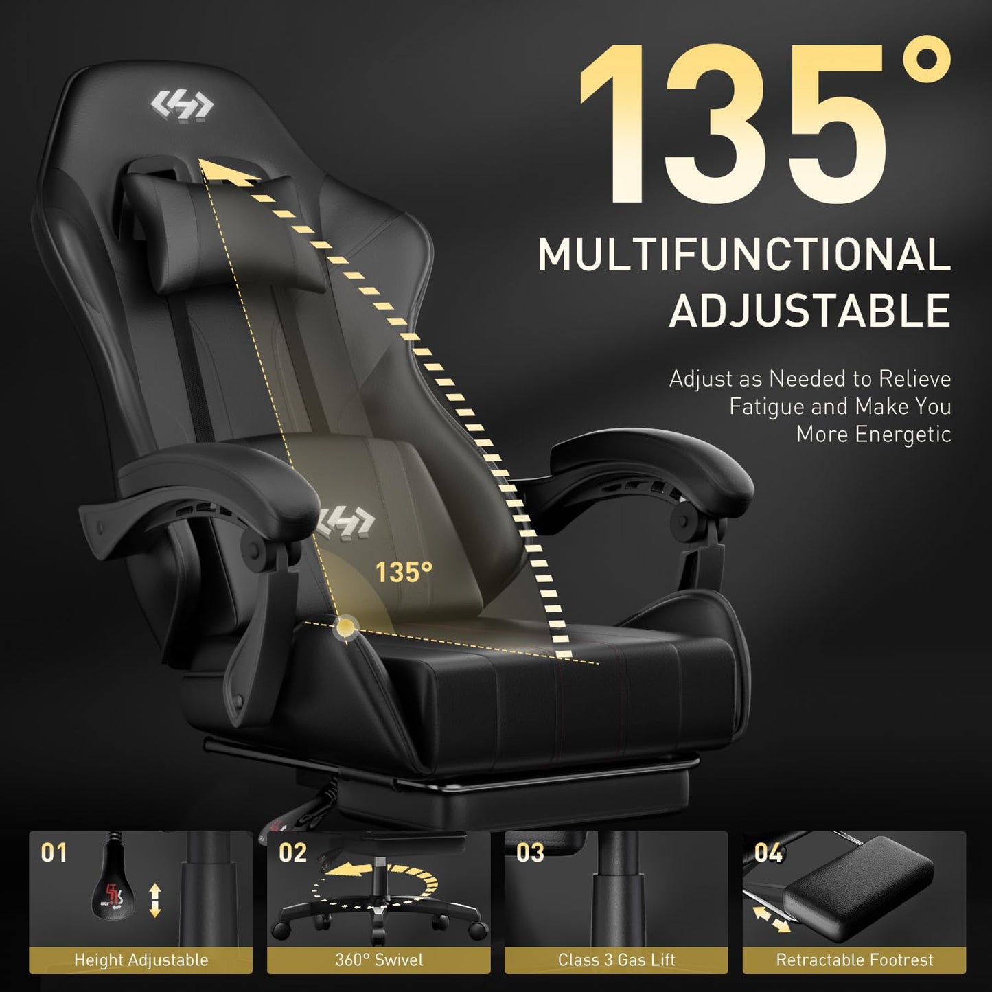 Black Precision Synergie gaming chair with ergonomic design, adjustable height, lumbar support, headrest, footrest, and 360° swivel.