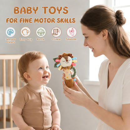TYRY.HU Baby Rattle Toy,Plush Lion Sensory Shaker with Bells, Crinkle & Squeaker,Soft Sensory Toy with Sound for Newborn Infant Toddler Girls Boys 0-12 Months