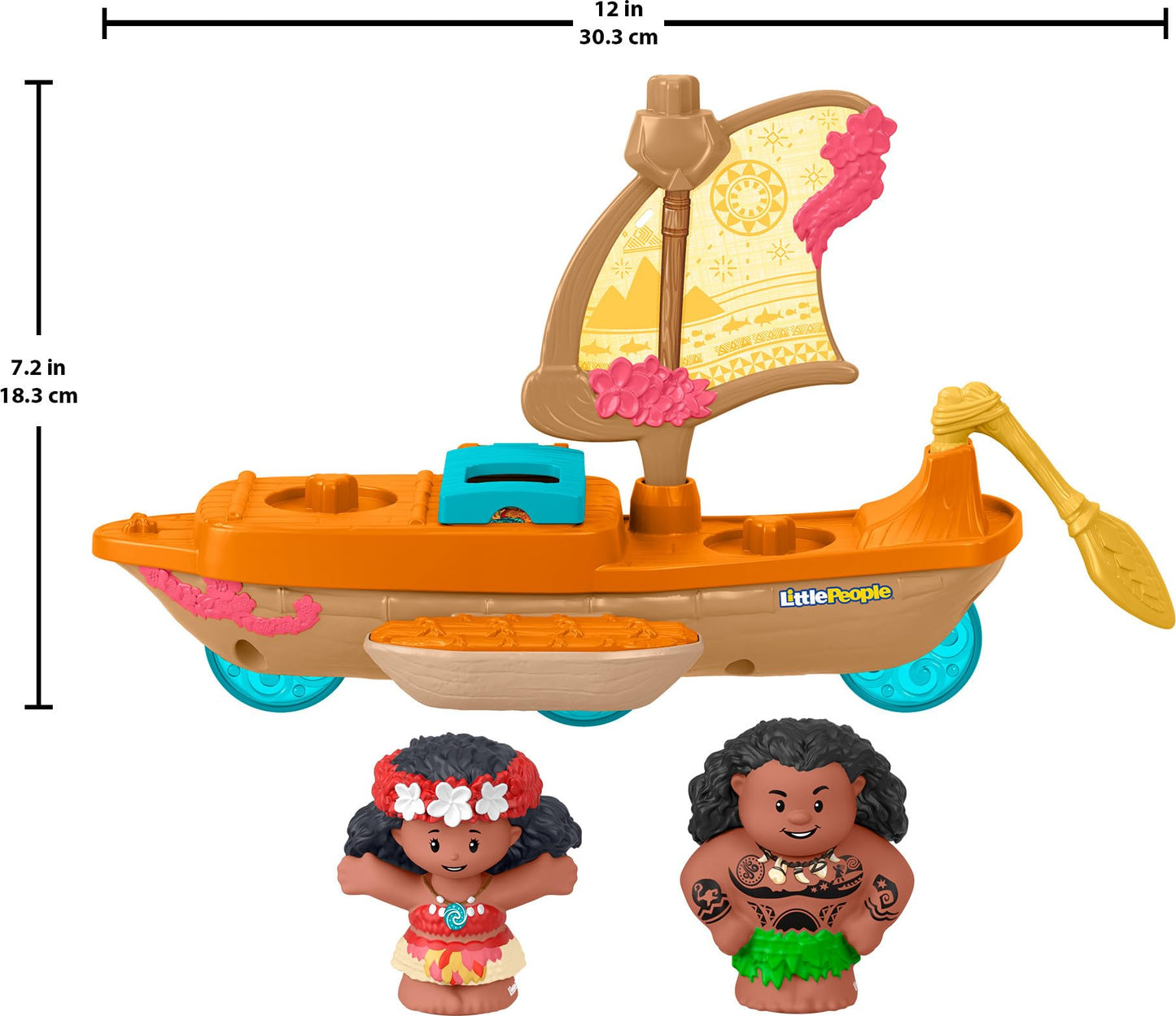 Fisher-Price Little People Disney Princess Moana and Maui’s canoe sailboat toy with figures for toddler pretend play.