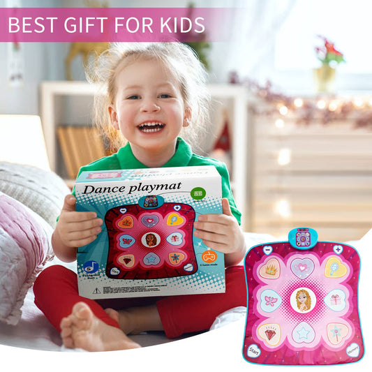JUYOUNGA music dance mat for girls with LED lights, 5 play modes, adjustable volume, and challenge levels, suitable for ages 3+