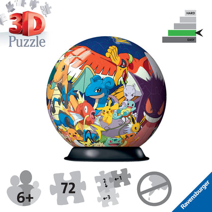 Ravensburger Pokemon 3D jigsaw puzzle ball with 72 pieces, designed for kids aged 6 and up, featuring colorful Pokemon characters.