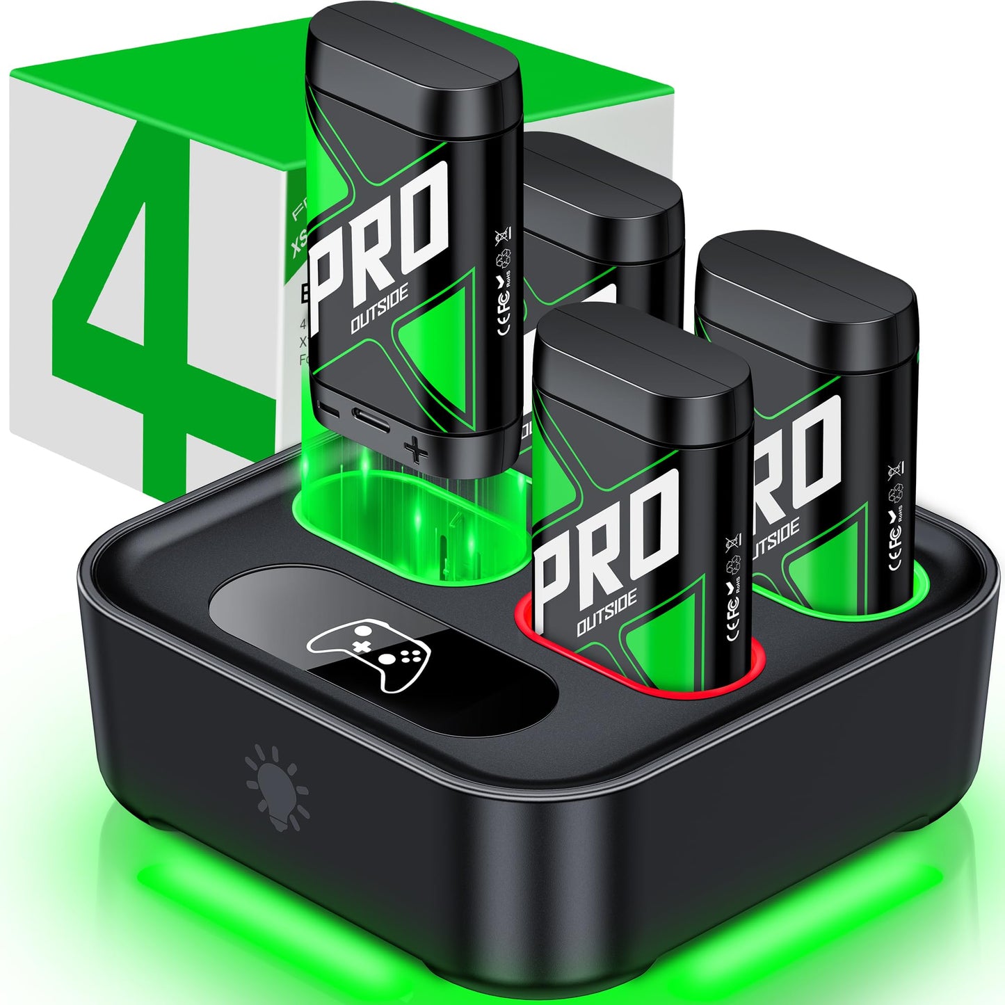 HEYLICOOL rechargeable battery packs for Xbox Series X|S and Xbox One controllers with charging dock, offering over 20 hours of gameplay.