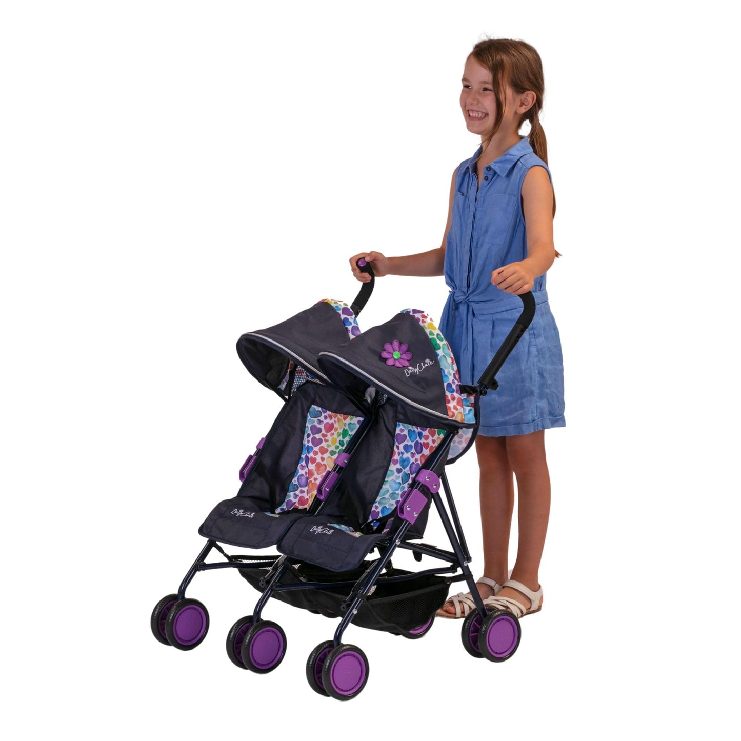 Daisy Chain Zipp Twin Max Dolls Pushchair – Adjustable handles from 76-82cm. For ages 4,5,6,7,8 or 9 years. (Rainbow Hearts)