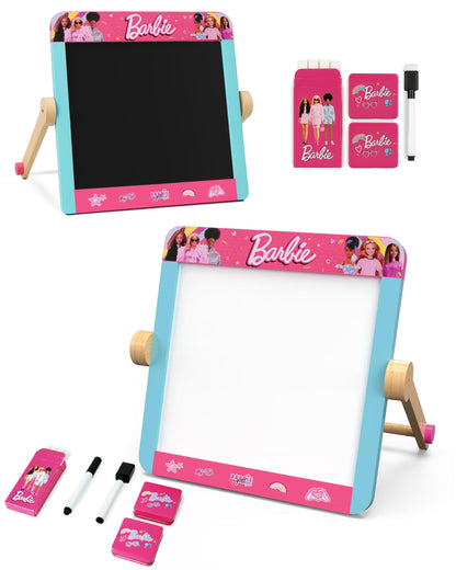 Barbie 2-in-1 wooden writing board with double-sided blackboard and whiteboard, pen, eraser, and chalk for kids' creative play.