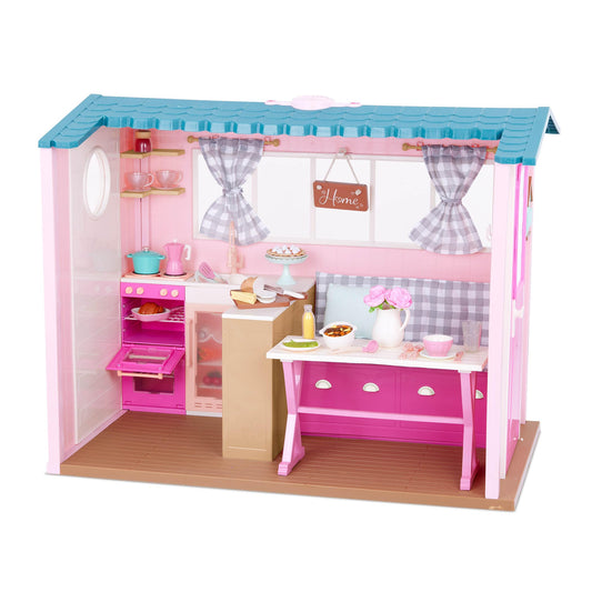 Our Generation 18-inch dollhouse playset featuring furniture, play food, and animal sounds for imaginative pretend play.