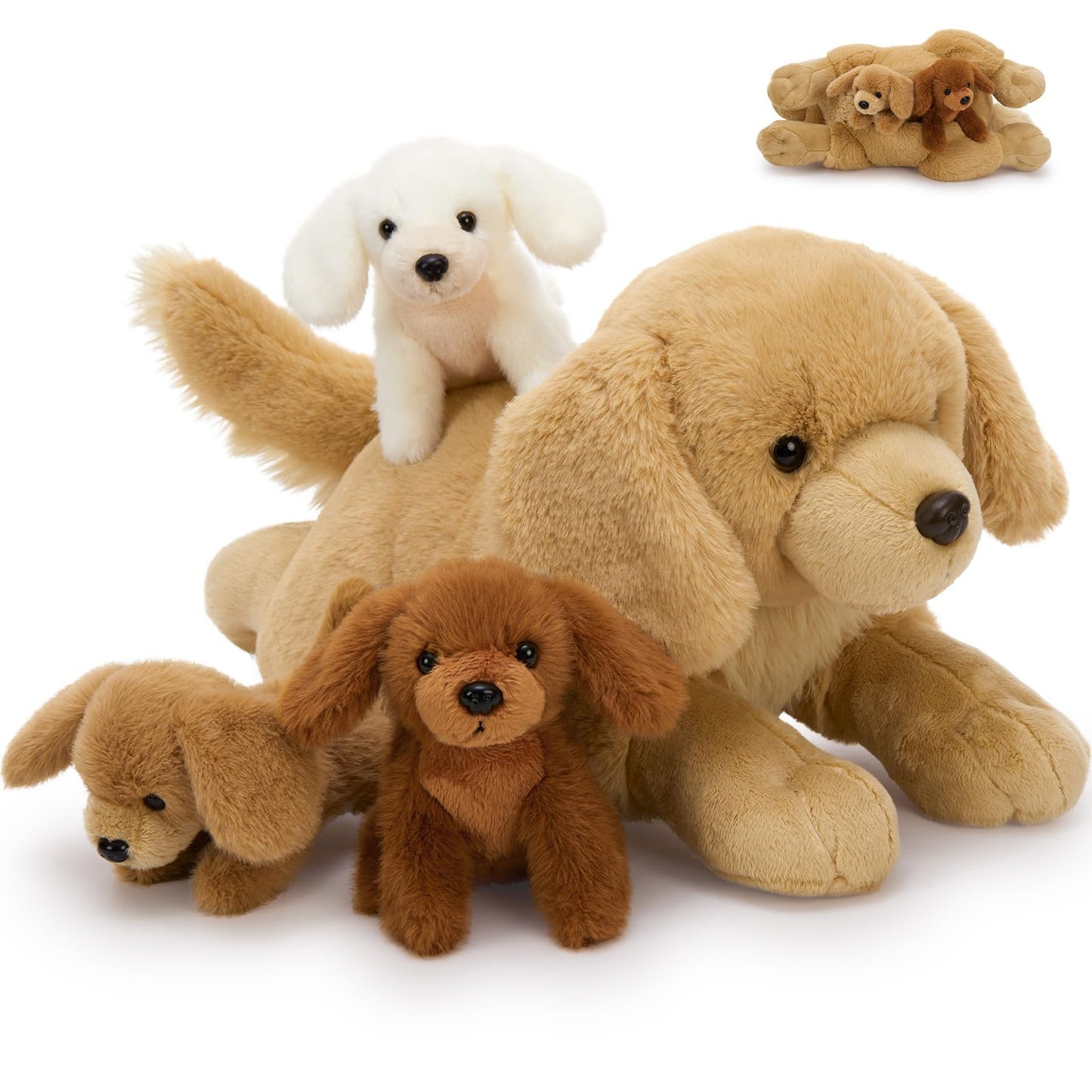 MorisMos Big Golden Retriever Teddy Soft Toy, 45cm Mom with 3 Cuddly Baby Inside, Giant Fluffly Dog Plush Toy Realistic Kawaii Gift for Kids Birthday Deco