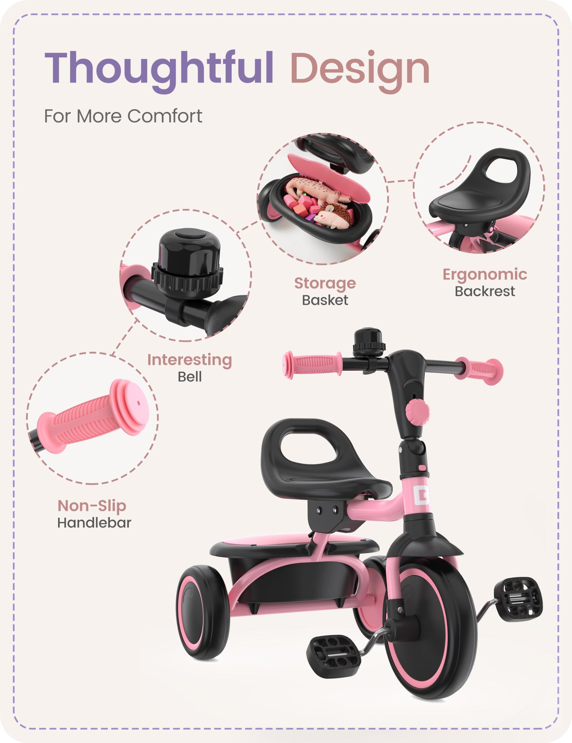 Pink besrey kids tricycle for toddlers aged 18 months to 5 years, with a sturdy frame and safety features for boys and girls.