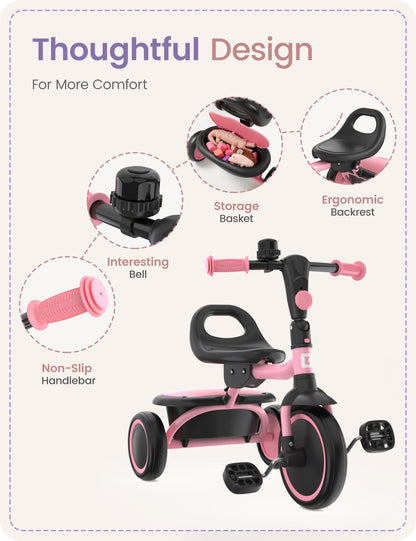 Pink besrey kids tricycle for toddlers aged 18 months to 5 years, with a sturdy frame and safety features for boys and girls.