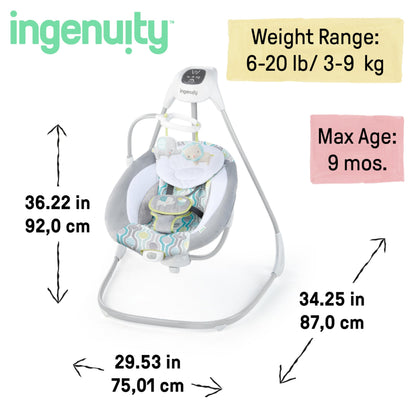 Ingenuity SimpleComfort baby swing with multi-direction motion, vibrations, and nature sounds for infants 0-9 months.