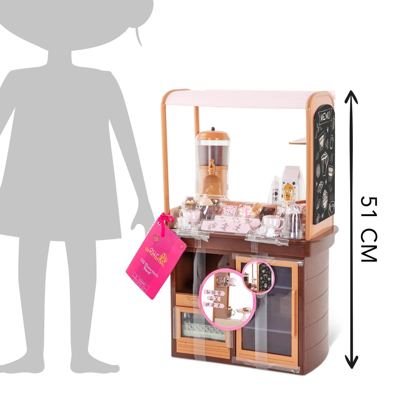 Our Generation Choco-Tastic playset with hot chocolate stand and 26 accessories for 18-inch dolls.