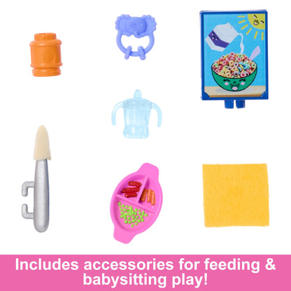 Barbie Skipper doll with babysitting accessories and color-change toys in mealtime-themed playset for imaginative fun.