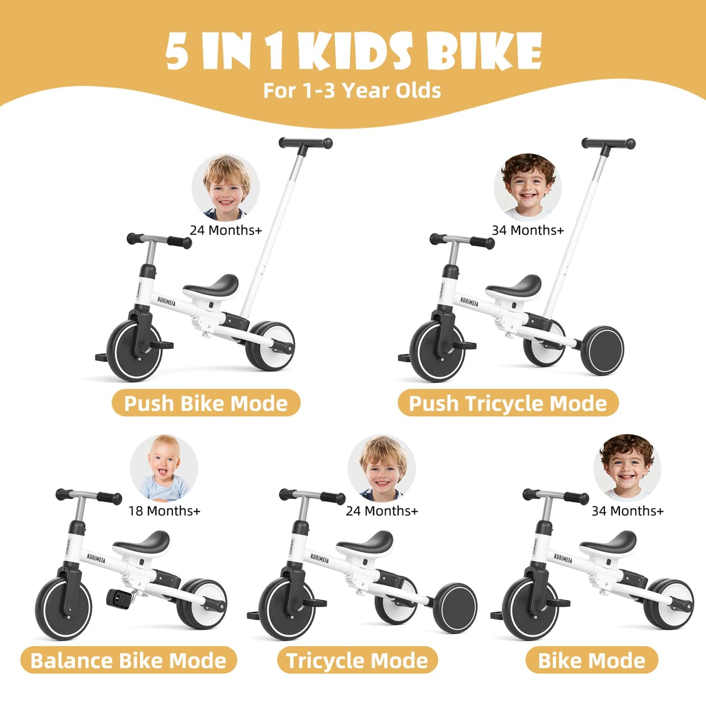 KORIMEFA Tricycle for 1-3 Years Old, 5 in 1 Balance Bike with Push Handle, Adjustable Seat, Removable Pedals, Toddler Trike for Boy & Girl, White