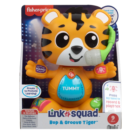 Fisher-Price Baby Learning Toy Link Squad Bop & Groove Tiger with music and lights for children 9+ months, UK version.