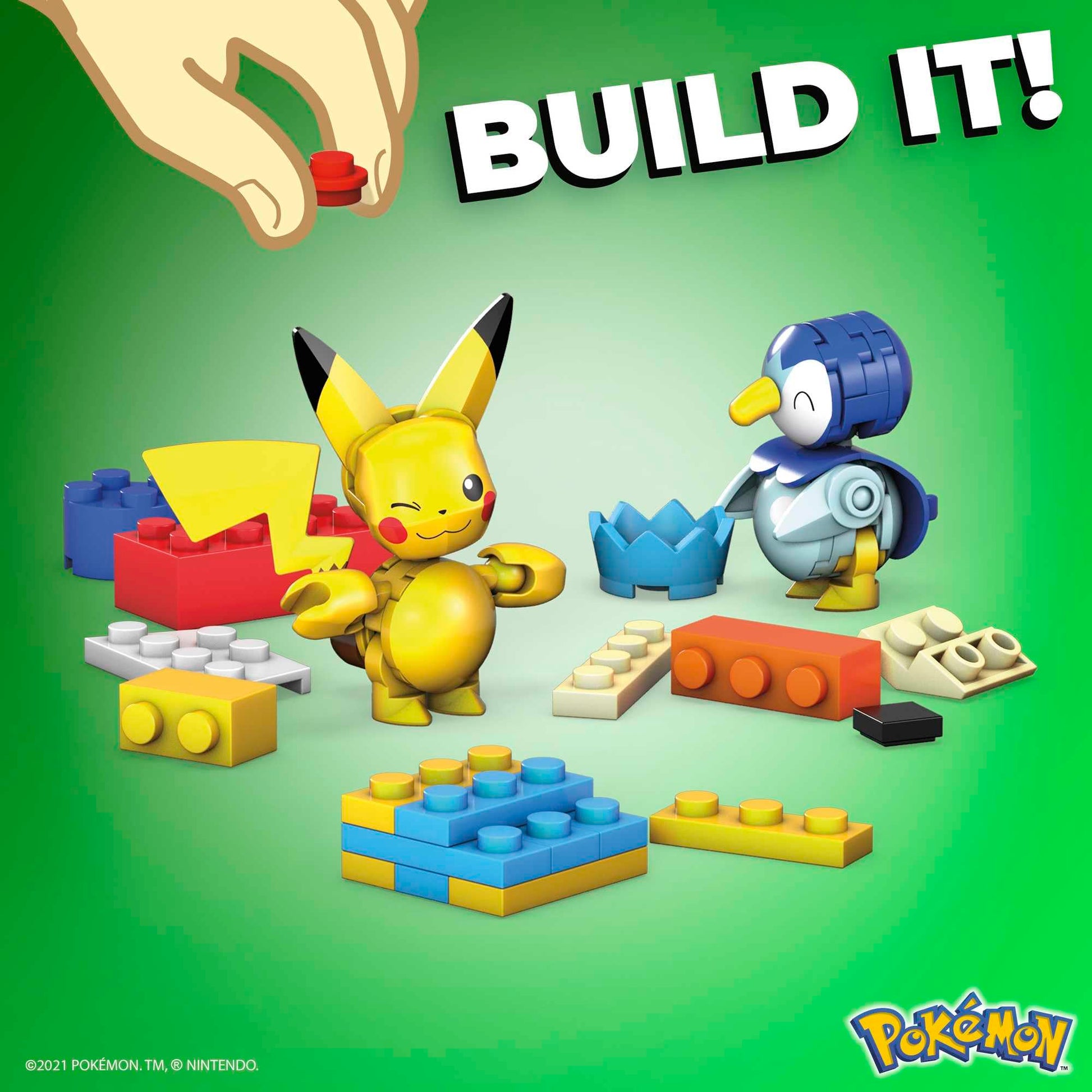 MEGA Pokémon Building Toys Set with 202 pieces, featuring 2 poseable characters and various accessories for kids.