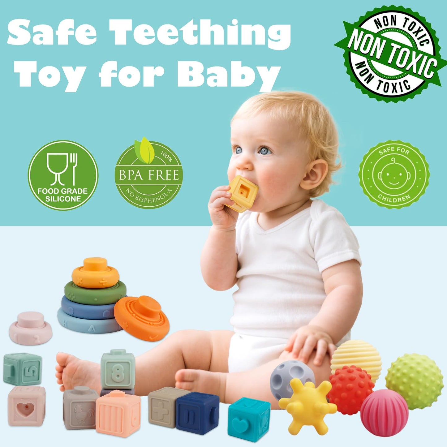 Weilim Montessori baby toys featuring a 3-in-1 pull string teether and sensory bins for infants and toddlers.