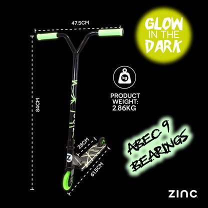 Zinc Thunderglow 2-Wheel Boys Stunt Scooter Age 8+ - Glow-in-the-Dark Pro Seagull Handlebar Design with ABEC-9 Bearings & 100mm PU Wheels - Smooth-Riding Tricks for Kids & Teens