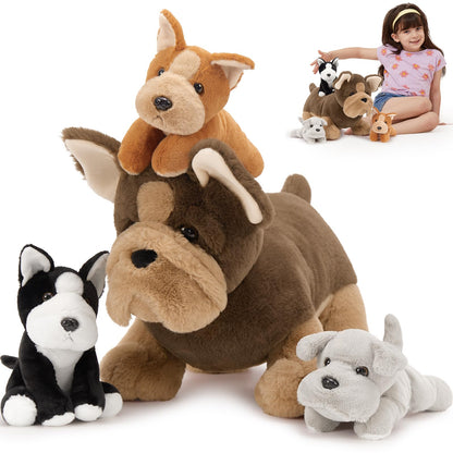 MorisMos Giant 45cm Dog Soft Toy with 3 Cuddly Puppies Baby Inside, Big Fluffly French Bulldog Plush, Realistic Kawaii Dog Teddy Gift for Kids Birthday Christmas Deco