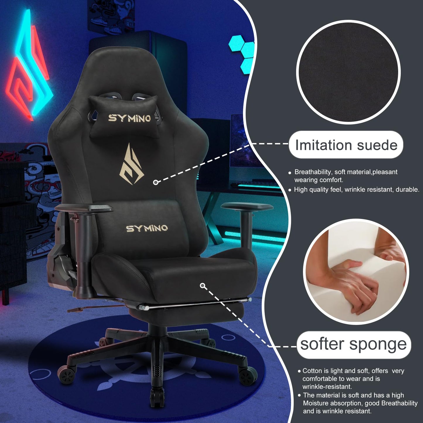 Symino gaming chair with footrest, headrest, lumbar support, and adjustable height, black ergonomic computer and task chair.