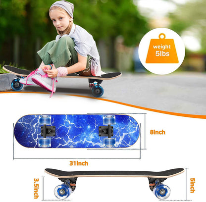 GIEEU Skateboards with Colorful Flashing Wheels for Beginners,Kids,Teens,Adults,31 x 8 Inch Complete Standard Skate Boards 9 Layer Canadian Maple Deck Concave Skateboard (Lightning Skateboard-UK)