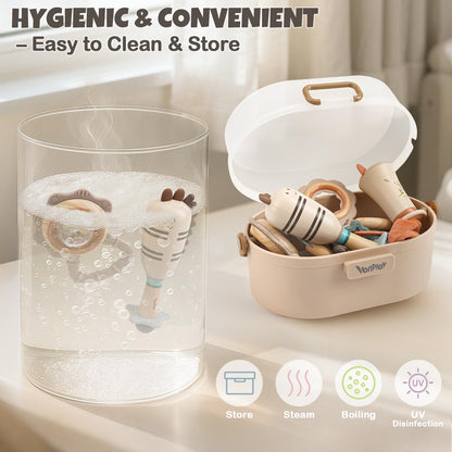 Vanplay baby toys set for 0-6 months, featuring colorful rattles and teething toys in a convenient storage box.