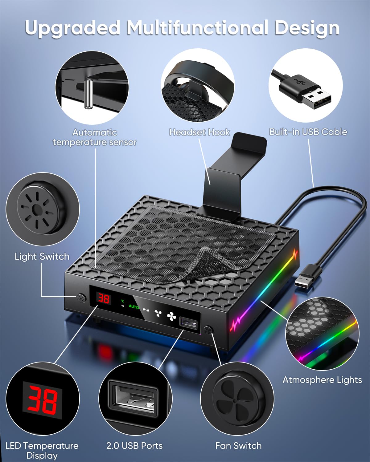 LED Display Auto Cooling Fan for Xbox Series X with 9 RGB Light Modes & Dust Cover, Cooling System Adjustable by Temperature with 4 Gears for Xbox Series X Console, Cooler & Headset Hook, USB Port