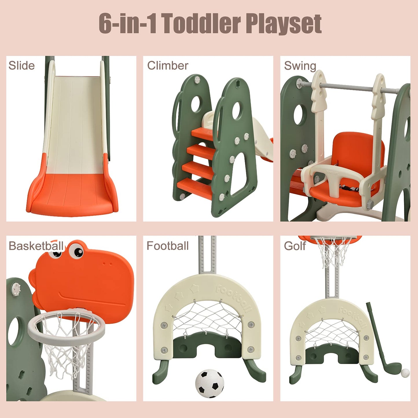 COSTWAY 6 in 1 Toddler Slide and Swing Set, Kids Climber Playset with Adjustable Basketball Hoop, Football Goal and Golf Hole, Children Activity Center for Indoor