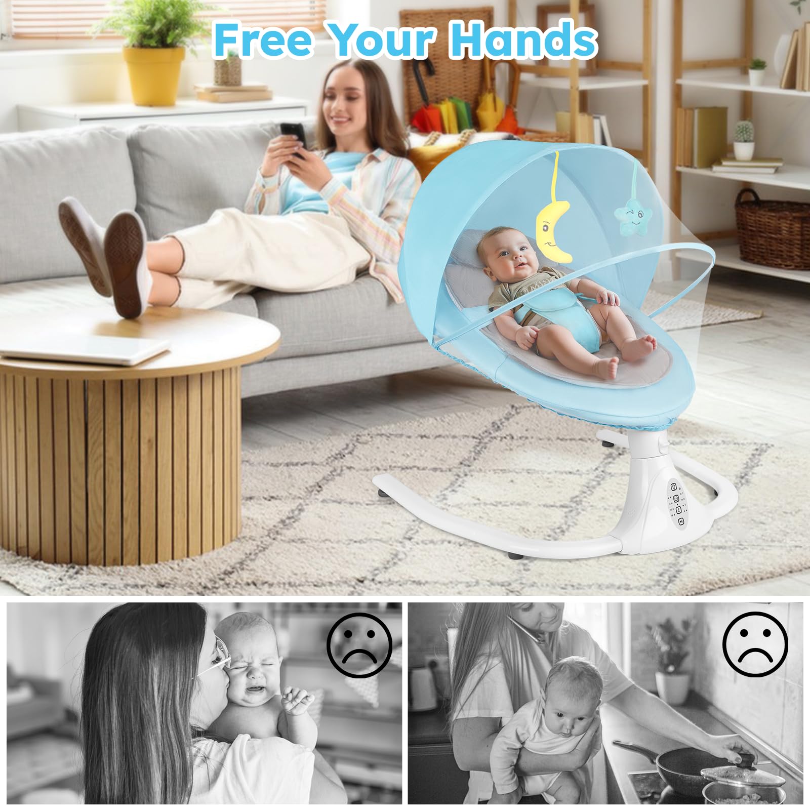 FineFizz electric baby swing chair with remote control, Bluetooth music, removable seat cushion, blue color, suitable for all seasons.