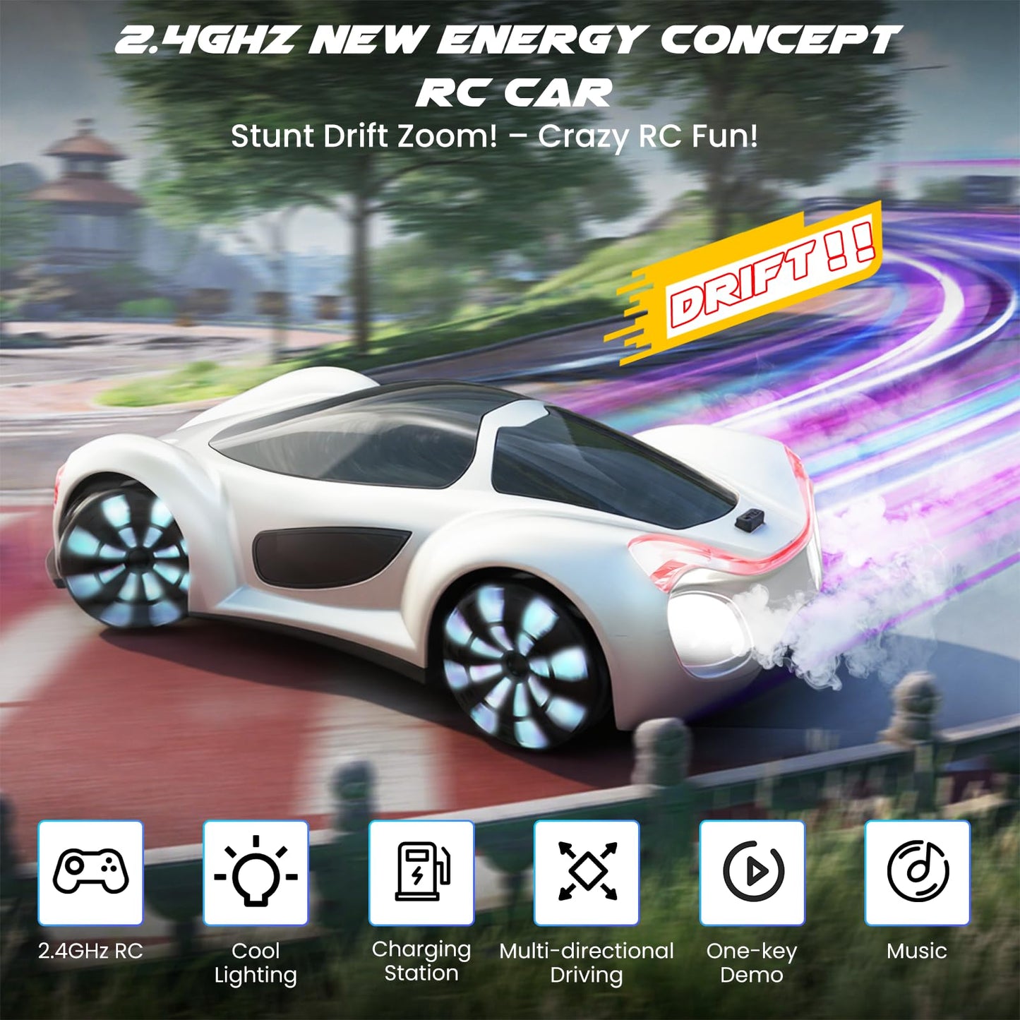 SIMREX Remote Control Car 360° Drift Stunt RC Cars with LED Wheels Spray Lights Demo Mode 2.4GHz for Adults Boys Girls Age 6+ Kids Birthday Gift Toys, White