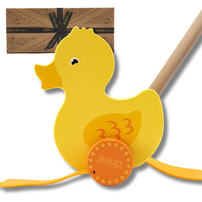 Jaques of London Waddles the Duck wooden push toy for toddlers, featuring a classic design and friendly duck figure for young children.