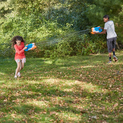 Nerf Super Soaker Twin Tide water blaster with dual pump-action water guns for outdoor water play.