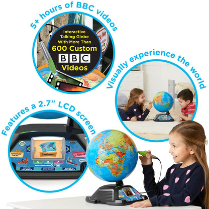 LeapFrog Magic Adventures Globe for kids showing a colorful interactive world map on a 2.7-inch LCD screen with educational games.
