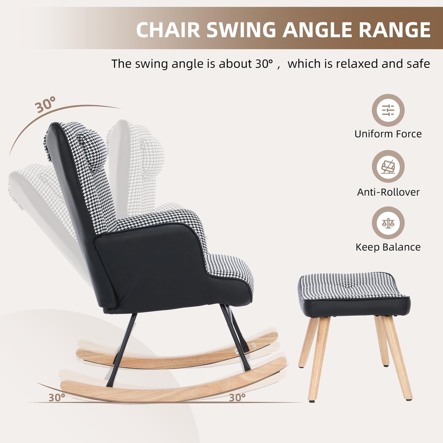 BTM fabric nursery rocking chair with footstool, high back, side pocket, solid wood legs, ideal for living room or bedroom relaxation