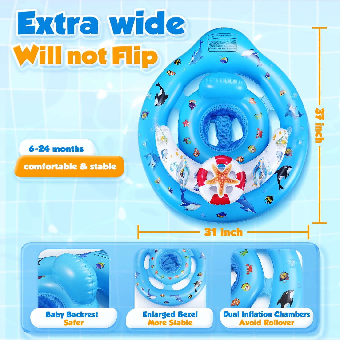 GLOPUS Baby Swimming Float, Baby Pool Float with Canopy, Inflatable Baby Swim Float, Toddler Pool Swimming Float for 6-36 Months, Adjustable Safety Seat, UPF 50+ Sun Protection Roof & Toy