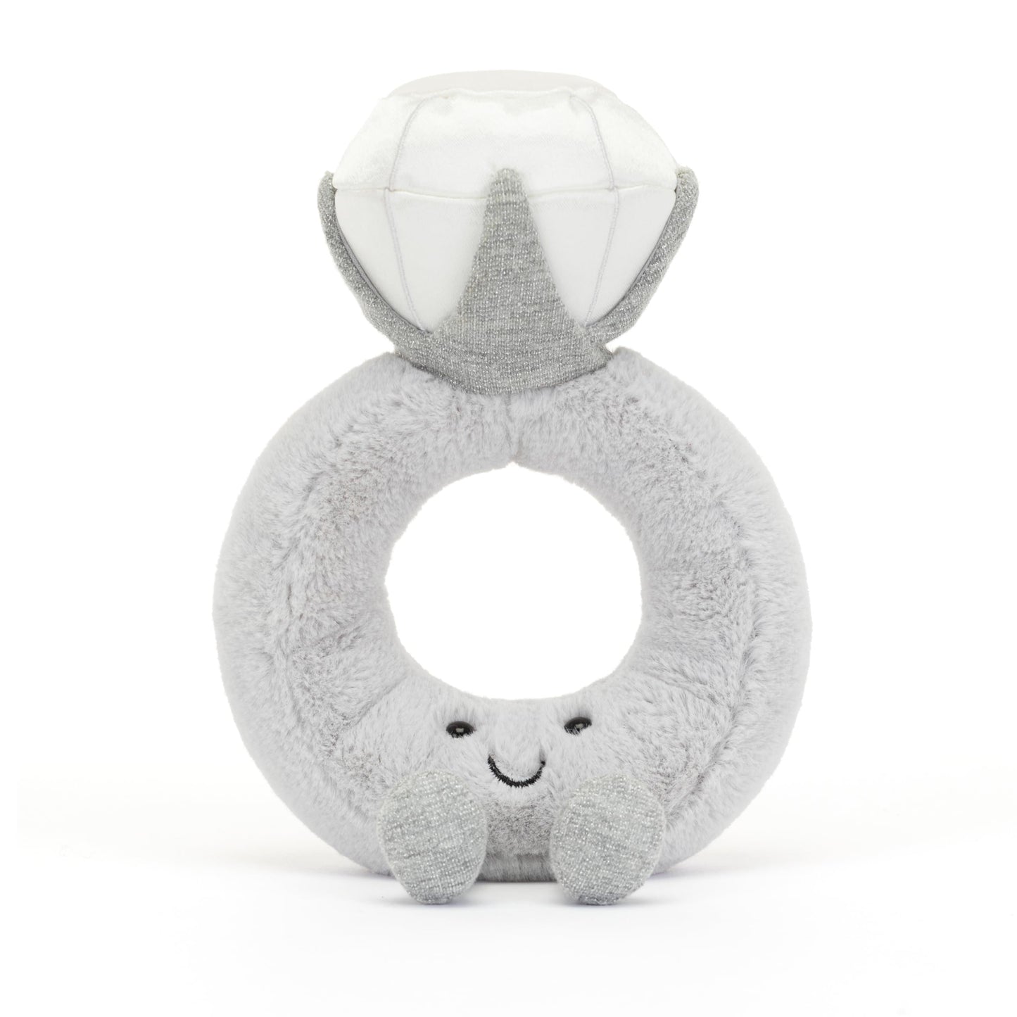 Jellycat Amuseable Diamond Ring plush toy, 20 cm height, 12 cm length, featuring a smiling face and colorful design.
