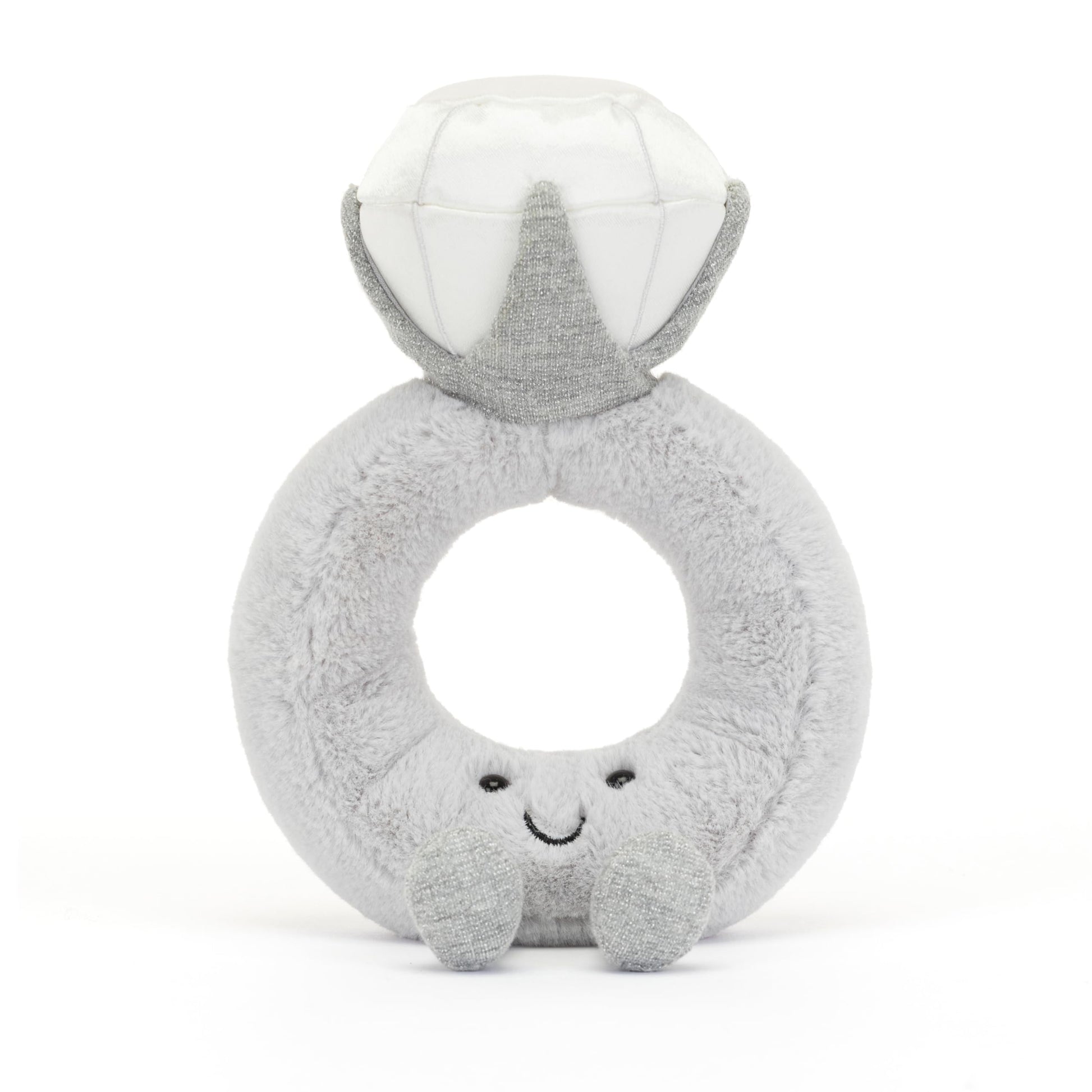 Jellycat Amuseable Diamond Ring plush toy, 20 cm height, 12 cm length, featuring a smiling face and colorful design.