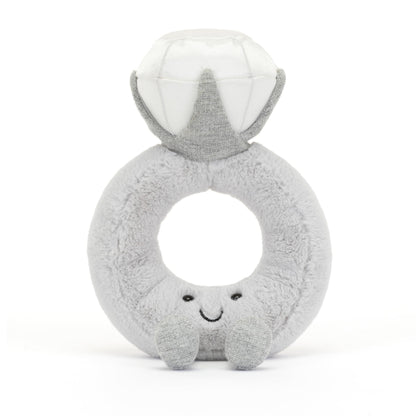 Jellycat Amuseable Diamond Ring plush toy, 20 cm height, 12 cm length, featuring a smiling face and colorful design.