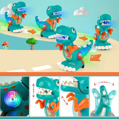 Colorful DINORUN dinosaur toy for babies, featuring musical lights and sensory sound, ideal for crawling and walking play.