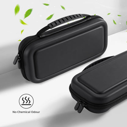 CoBak large black carrying case for Nintendo Switch 2 with 24 game cards, screen protectors, thumb grip caps, and microSD storage.