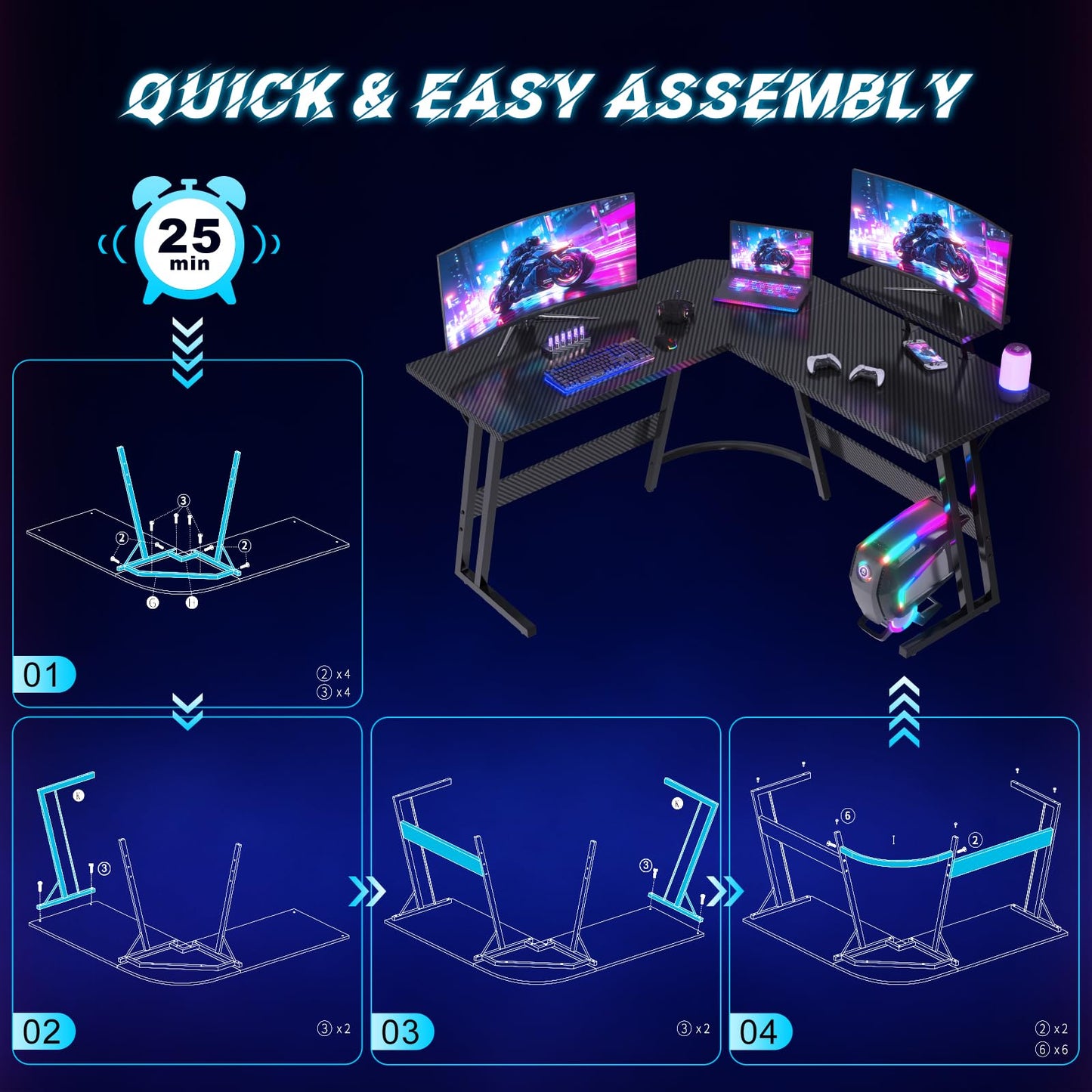 JUMMICO L Shaped Gaming Desk with Large Monitor Stand 120x120x75cm,Corner Desk for Home Office Study Writing Workstation, Carbon Fibre Black