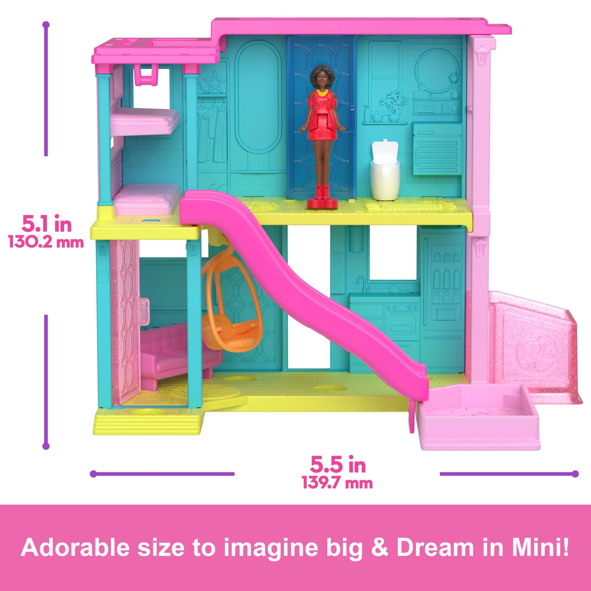 Mini Barbie Dreamhouse set by Barbie with 1.5-inch doll, furniture, elevator, pool, and accessories for children aged 4+