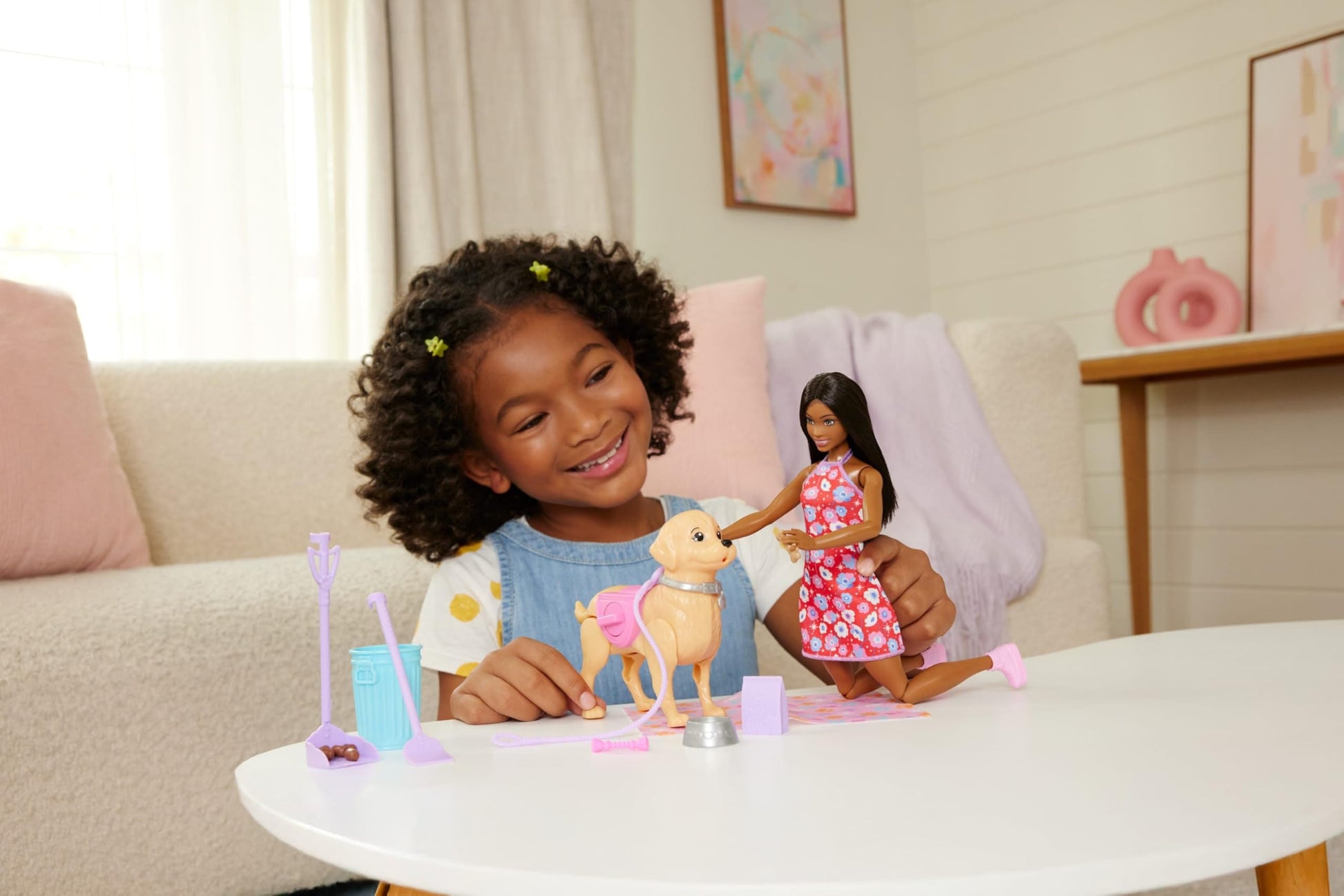 Barbie Walk & Potty Pup Toy Set featuring Brooklyn doll with walking toy dog, pooper scooper, and pet accessories.