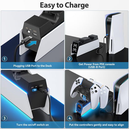 Tokluck PS5 controller charger station with LED indicators, white dock stand for PlayStation 5 Edge and Dual controllers, with charging cable