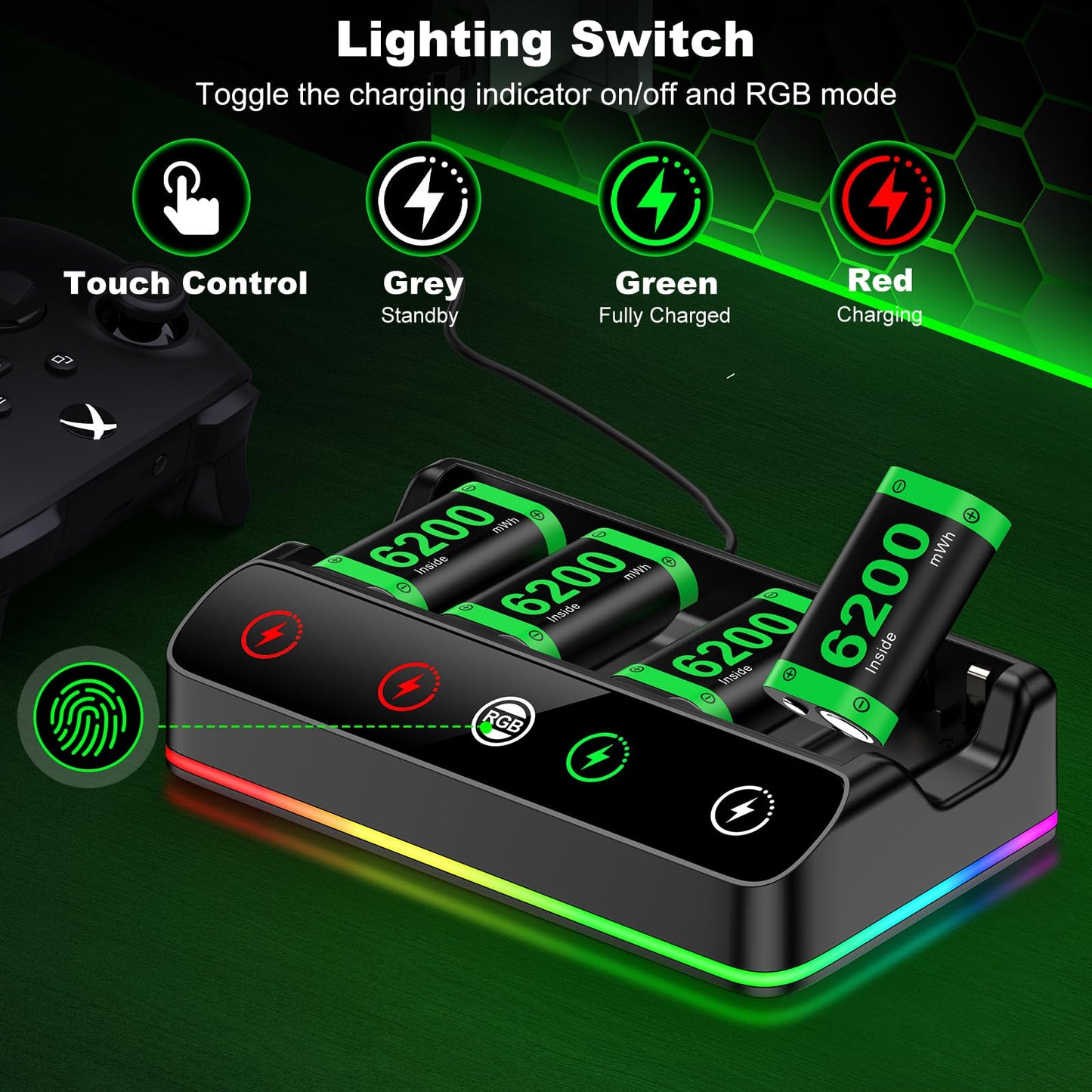 Rechargeable Battery Pack for Xbox One/Series Controller, 4x6200mWh High Capacity Battery Pack with with Charger/Cooling RGB/25H Playtime, Compatible with Xbox One/S/X/Elite 1, Series S/X Controller