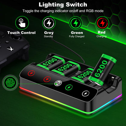 Rechargeable Battery Pack for Xbox One/Series Controller, 4x6200mWh High Capacity Battery Pack with with Charger/Cooling RGB/25H Playtime, Compatible with Xbox One/S/X/Elite 1, Series S/X Controller