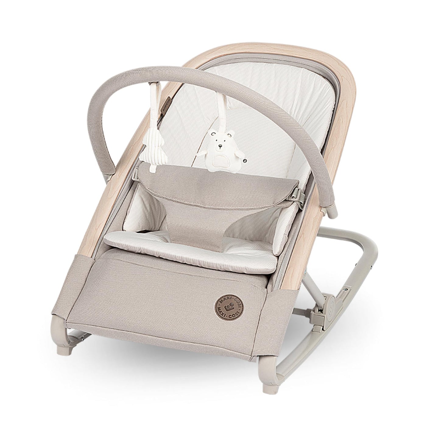 Maxi-Cosi Kori 2-in-1 ergonomic baby bouncer chair with toy arch, beige fabric, recline positions, and lightweight design for infants.