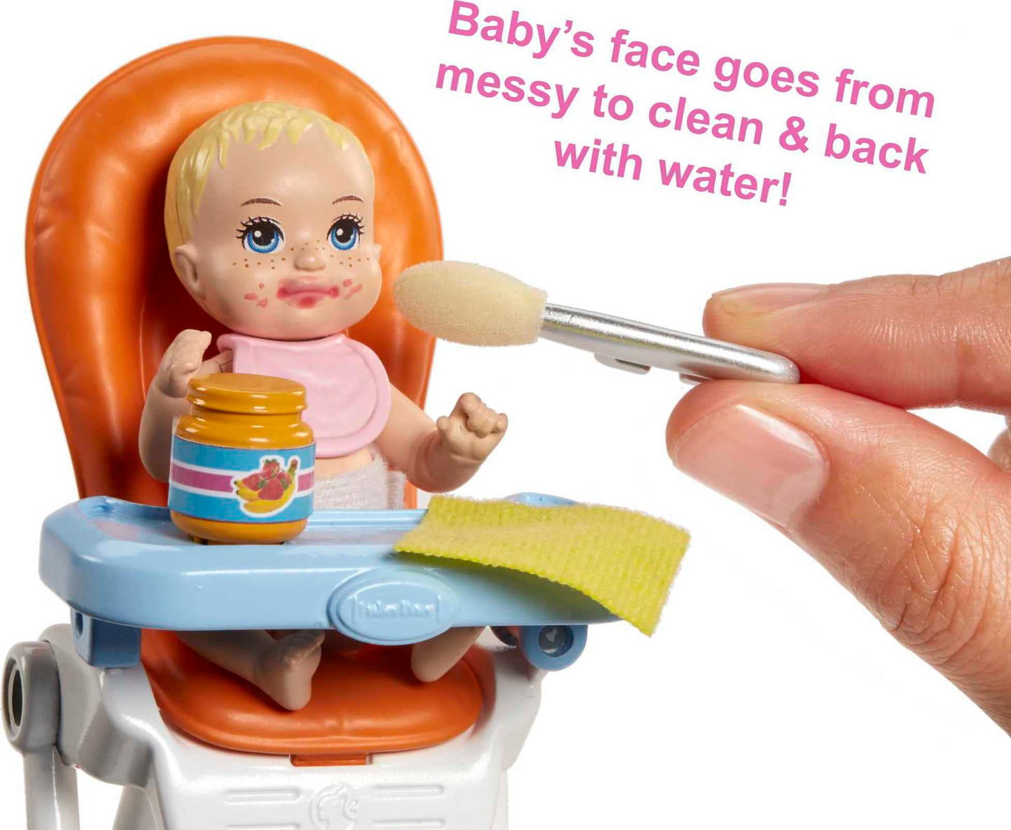 Barbie FHY98 Family Babysitter Brunette Doll with baby and highchair playset in multi-color, showcasing fun accessories.