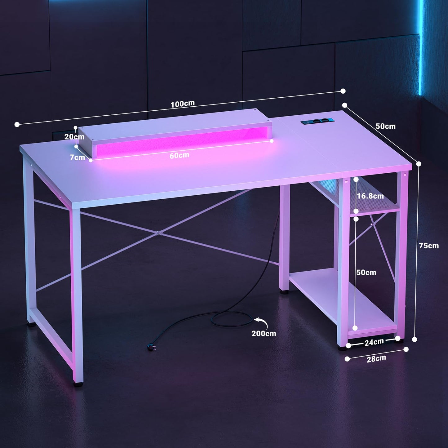 iSunirm Gaming Desk with LED Lights & Power Outlet, Reversible Computer Desk with Moveable Monitor Stand, 100x75x50CM Office Desk with USB Charging Station for Home, Bedroom, Study, White