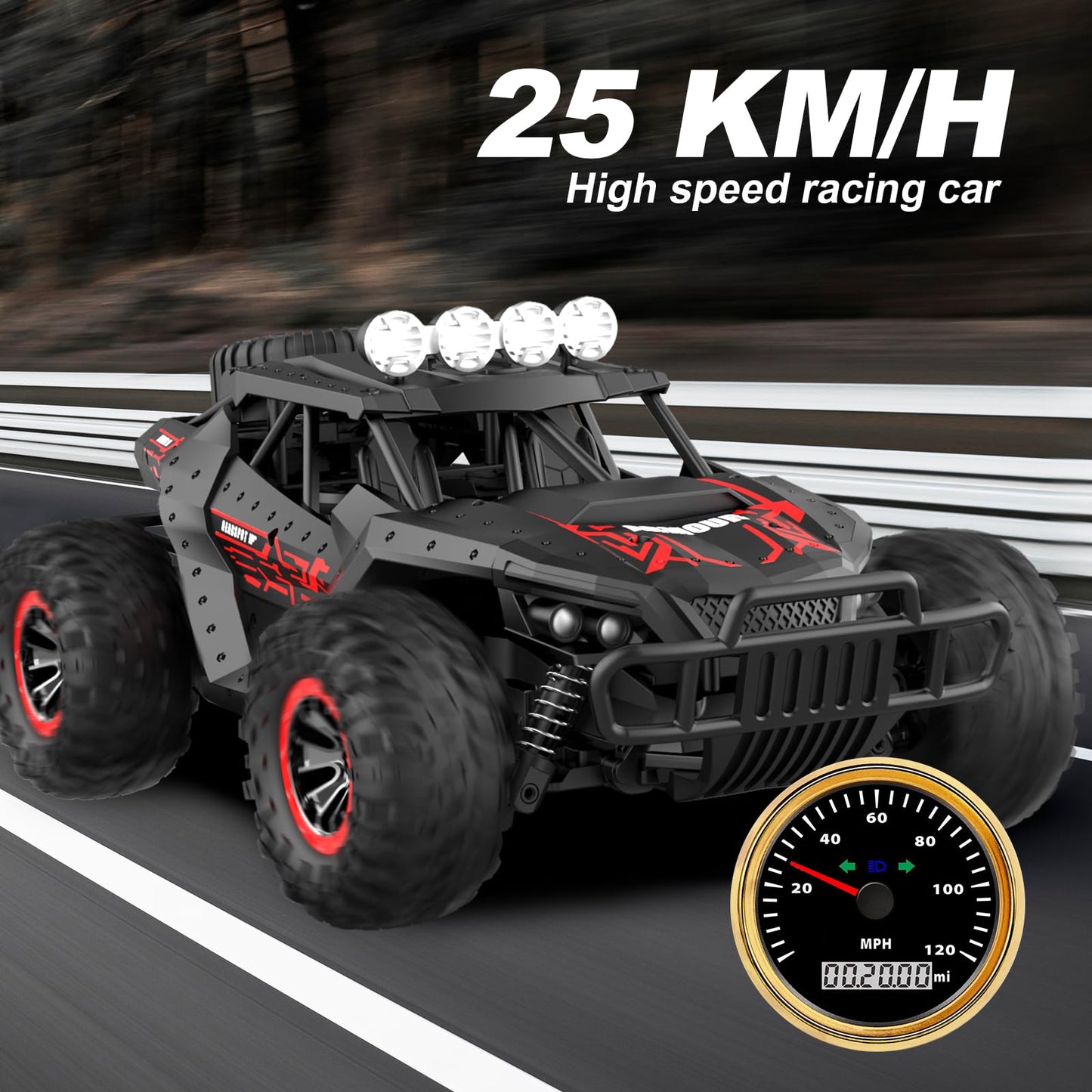 Remote Control Car for Kids 2.4Ghz Rechargeable Batteries 70 mins Play Time, 25 Km/h Monster Truck 1:16 Off-road All-terrains Hobby RC Car Professional Gift for Kids