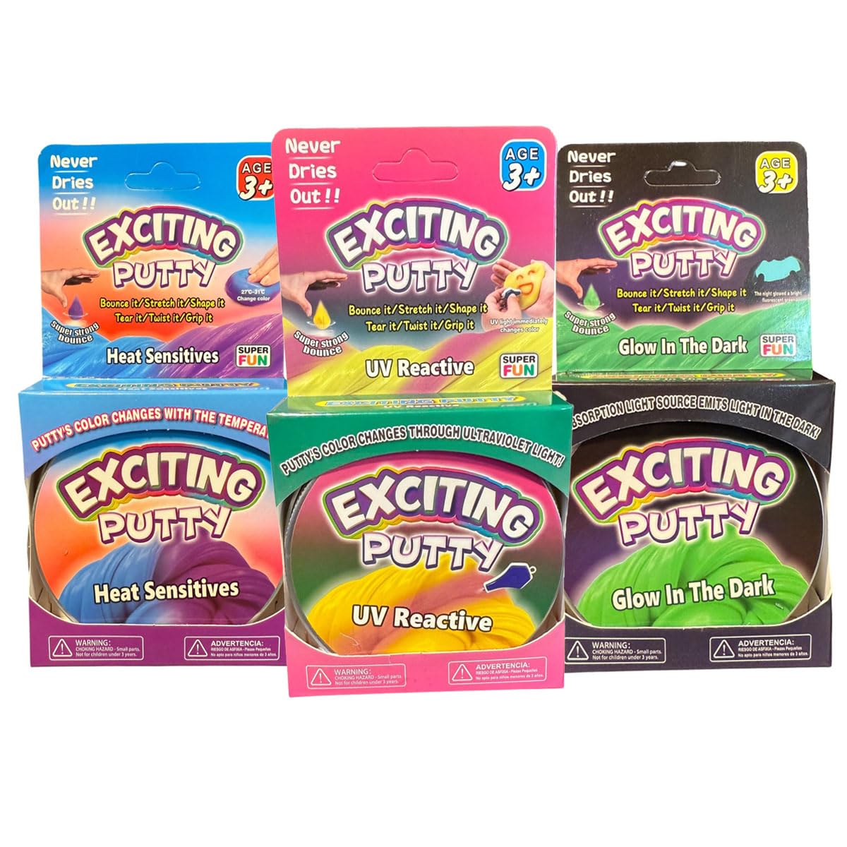 Set of 3 kids' stretchy glow-in-the-dark, heat-sensitive, UV reactive putty by Bodygenix, ideal for stress relief and sensory play.